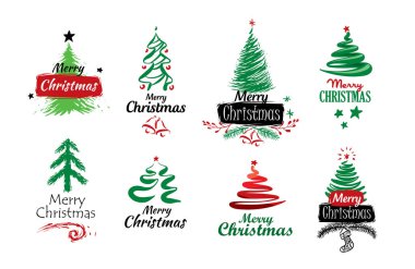 Beyaz arka planda boyalı Noel ağaçlarının vektör logoları..