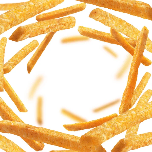 French fries levitate on a white background — Stock Photo, Image