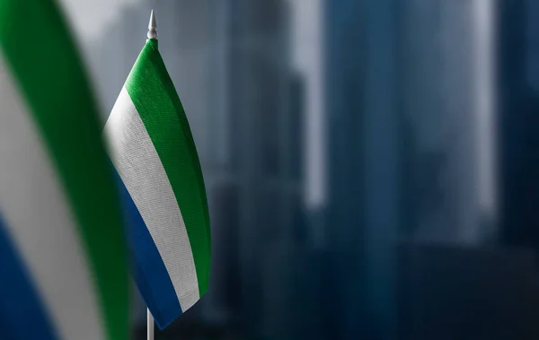 Small flags of Sierra Leone on a blurry background of the city — Stock Photo, Image