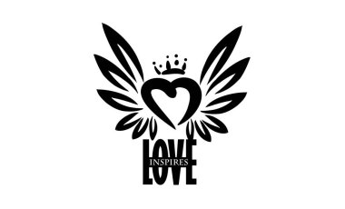 Beyaz arkaplanda bir kalbin ve kanatların çizim vektörü çizimi