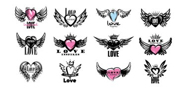 A set of drawn vector illustrations of hearts and wings on a white background clipart