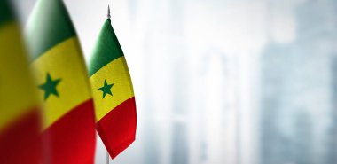 Şehrin bulanık arka planında Senegal 'in küçük bayrakları