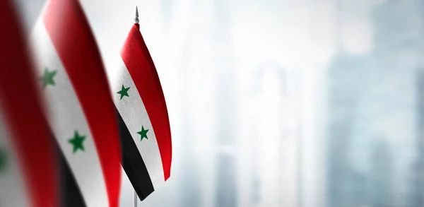 Small flags of Syria on a blurry background of the city — Stock Photo, Image