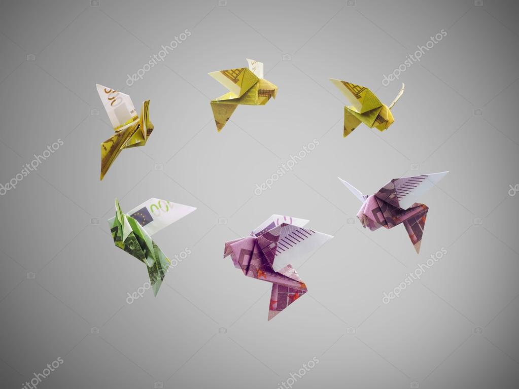 Origami Vögel Euro Geld Fliegen Raus Stockfoto