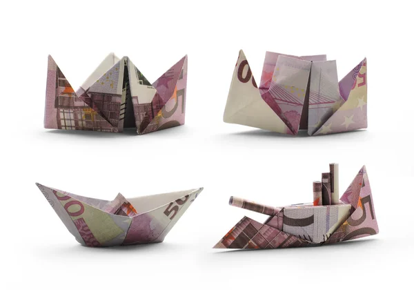 Kolekce origami lodí pět set eurobankovek — Stock fotografie