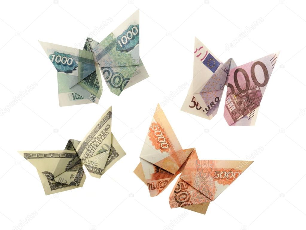 collection of origami butterflies euro, dollar, ruble 