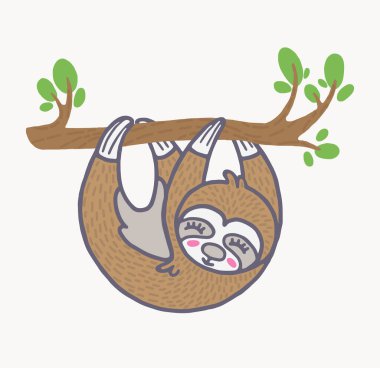 Ağaç dalında şirin bir tembel hayvan asılı vektör çizimi. Çizgi film hayvanlarıyla renkli karalama..