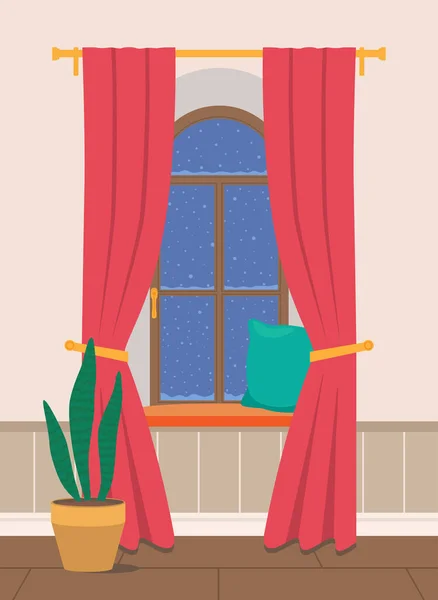 Vektor Illustration Eines Gemütlichen Interieurs Mit Fenster Winterabend Die Fensteröffnung — Stockvektor