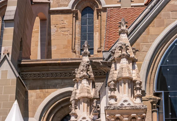 Detalles Decoración Catedral Lausana Realizada Estilo Gótico Gárgola Pináculos Fondo — Foto de Stock