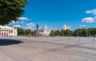 Voronezh, Russia - August 23, 2020: View of Lenin Square with monument and hotel Voronezh in the background.