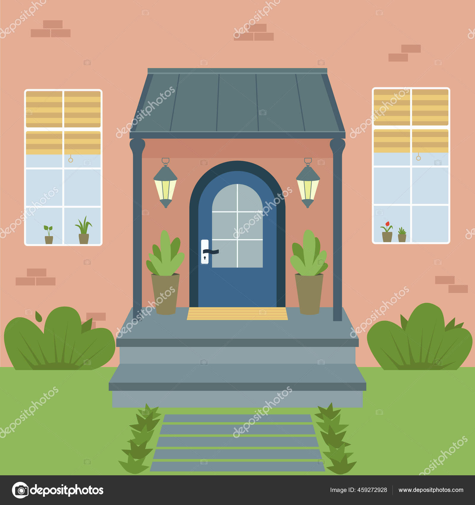 House door front with doorstep and steps window Vector Image