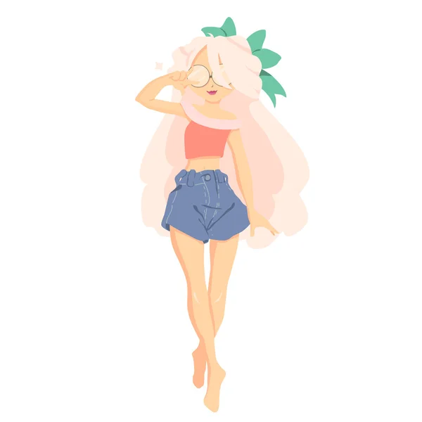 Güzel bir kız güneş gözlüğü ve şort vektör çizim.