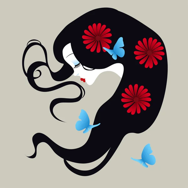 Belle silhouette d'une fille avec des fleurs dans ses cheveux — Image vectorielle