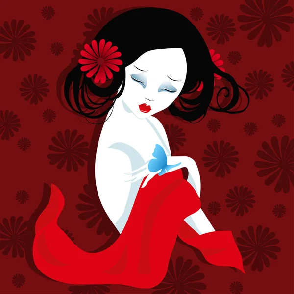 Illustration of a beautiful geisha in red dress. very gentle and passionate. — Stock Vector