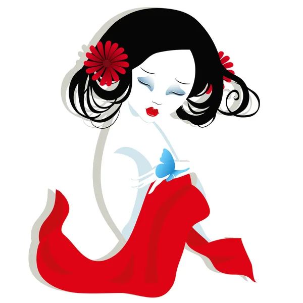 Illustration of a beautiful geisha in red dress. very gentle and passionate. — Stock Vector