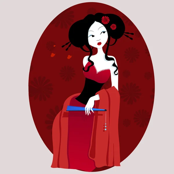 Ilustração de uma bela gueixa em vestido vermelho. muito gentil e apaixonado . — Vetor de Stock