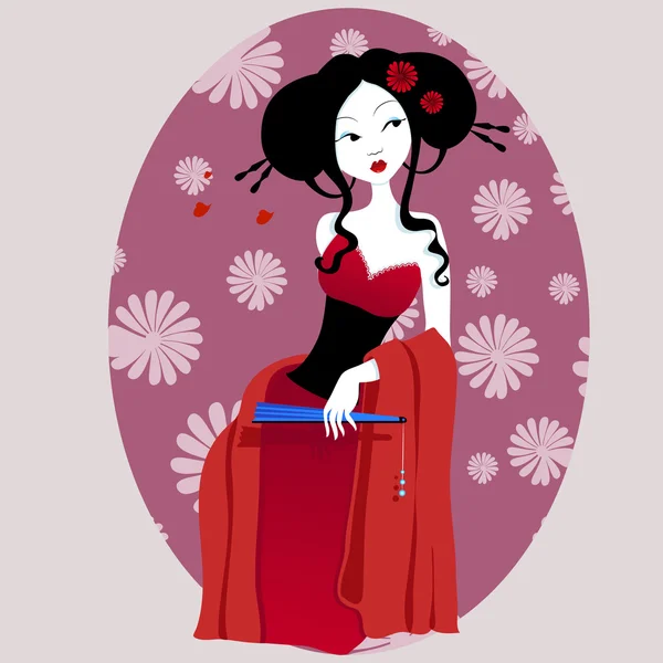 Illustrazione di una bella geisha in abito rosso. molto gentile e appassionato . — Vettoriale Stock