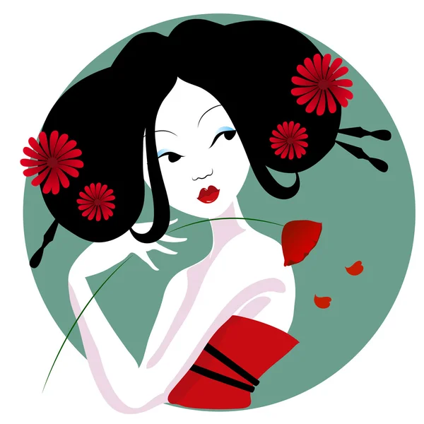 Illustration of a beautiful geisha in red dress. very gentle and passionate. — Stock Vector