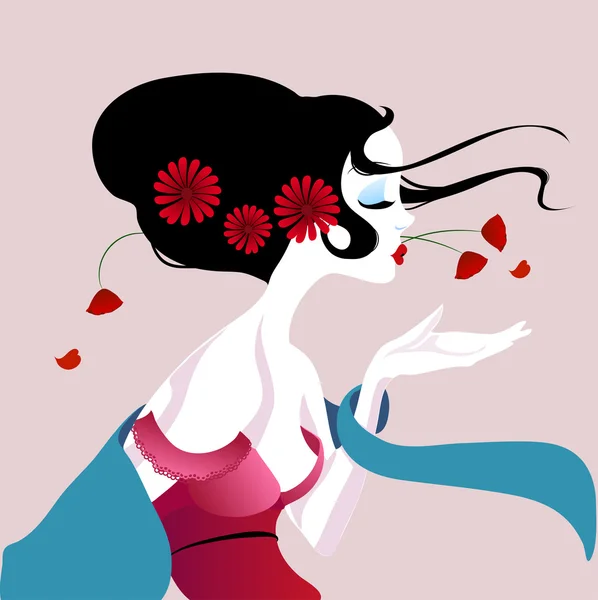 Illustration d'une belle geisha en robe rouge. très doux et passionné . — Image vectorielle