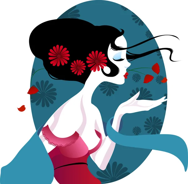Illustration of a beautiful geisha in red dress. very gentle and passionate. — Stock Vector