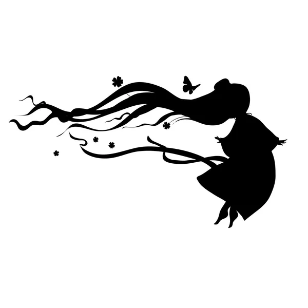Vektor illustration silhuetten av en liten flicka med långt hår och vacker klänning — Stock vektor