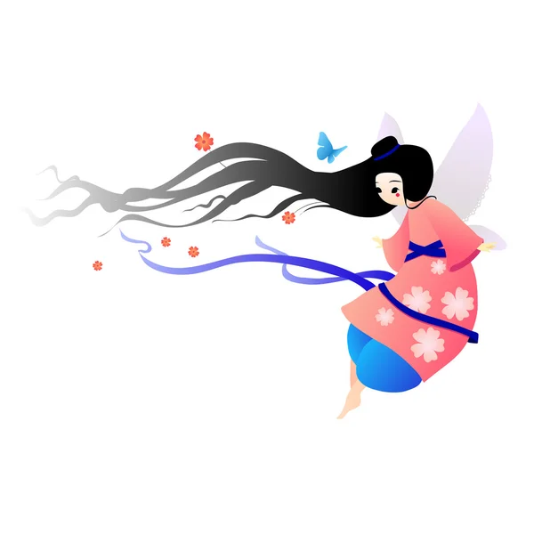 Illustration jolie fée dans une robe aux fleurs et aux papillons — Image vectorielle