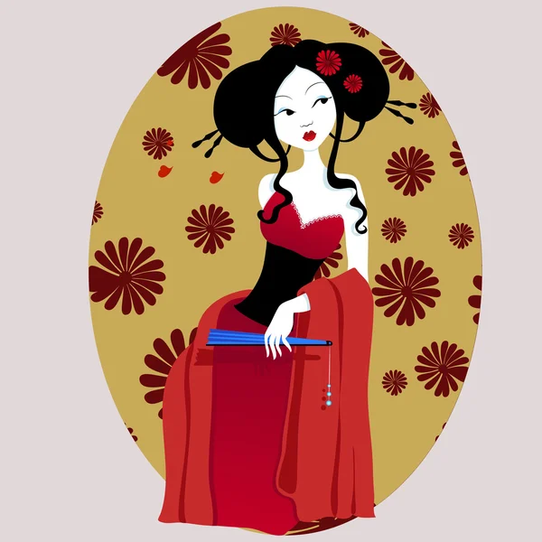 Ilustración de una hermosa geisha en vestido rojo. muy gentil y apasionado . — Vector de stock