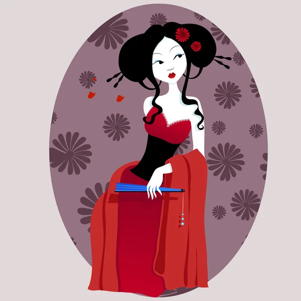 Ilustración de una hermosa geisha en vestido rojo. muy gentil y apasionado . — Vector de stock