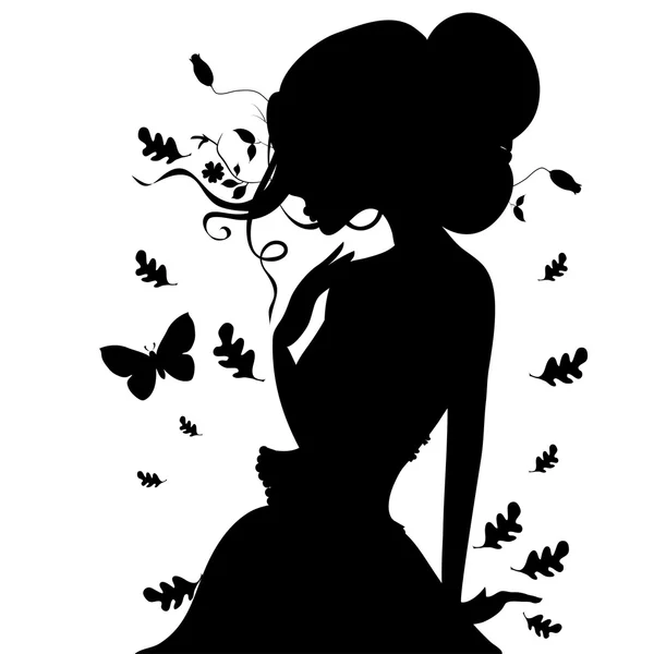 Silhouette de fille de beauté avec feuille. Belle femme Portrait vectoriel — Image vectorielle