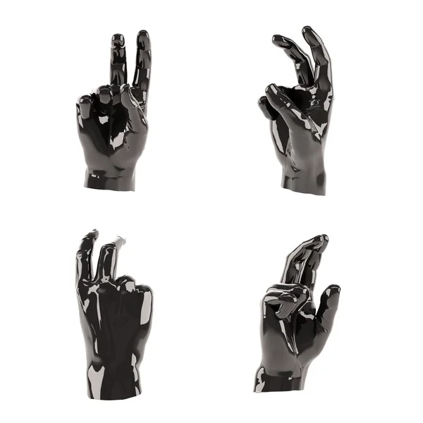 Sada různých abstraktní černé plastové rukou nad bílým pozadím. Dva prsty nahoru. Symbol ruky znamení vítězství — Stock fotografie