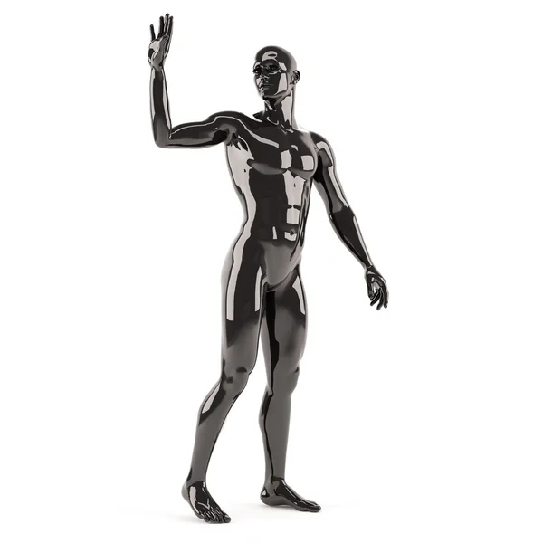 Αφηρημένη μαύρο πλαστικό ανθρώπινο σώμα μανεκέν πάνω από το λευκό φόντο. Χαιρετισμό στέκεται πόζα — Φωτογραφία Αρχείου