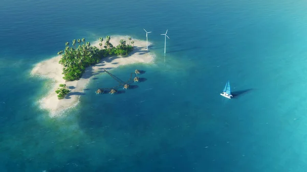 風力タービンのエネルギー バンガロー ヤシの木と夏の楽園の熱帯のプライベート島 上からの眺め ラグジュアリーなライフコンセプト 旅行休暇の背景 3Dレンダリング図 — ストック写真