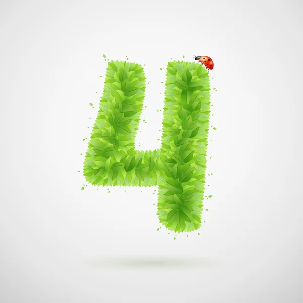 Gröna blad alfabetet med ladybird. Ekologi sommaren illustration. Nummer 4 — Stock vektor