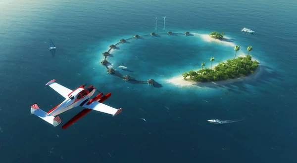 Zomer tropisch eiland. Kleine zee vliegtuig vliegen boven particuliere paradijs tropisch eiland — Stockfoto
