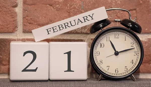 Belangrijke Datum Februari Winterseizoen Kalender Gemaakt Van Hout Een Achtergrond Stockafbeelding
