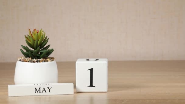 Houten Kalender Met Een Belangrijke Gebeurtenis Voor Mei Hand Van — Stockvideo