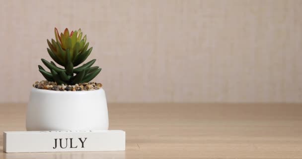 Holzkalender Mit Einem Wichtigen Ereignis Für Den Juli Die Hand — Stockvideo