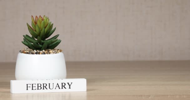 Houten Kalender Met Een Belangrijke Gebeurtenis Voor Februari Hand Van — Stockvideo