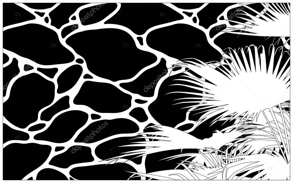 Retro - vintage poolside ripple and tropical palm tree illustration, retro black and white manga / anime style art