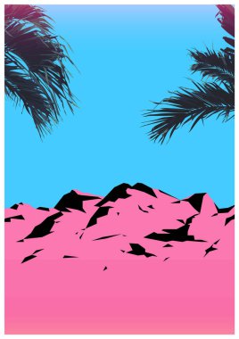 Huzurlu dağ manzarası ve palmiye yaprakları, Pastel minimal modern / klasik nostaljik arkaplan çizimi