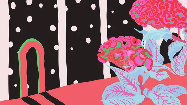 トロピカルコックの櫛の花でパステル手描きのアートスタイルの背景テンプレート シュールで楽しい感じ — ストックベクタ