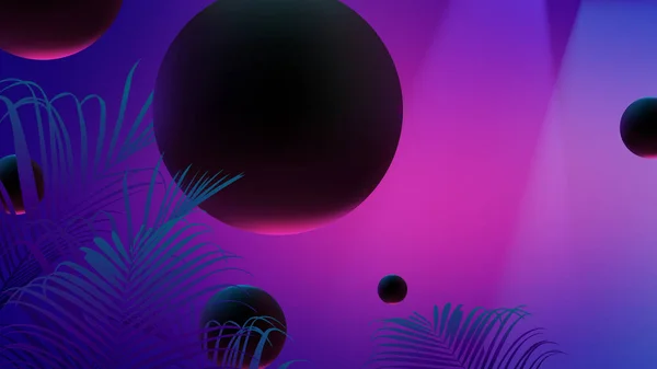 Neon parlak arkaplan ve siyah aydınlatma küreleri, soyut arkaplan alanı ve tropikal bitki yaprakları, fütüristik retro - modern vektör posteri, arkaplan tasarım şablonu
