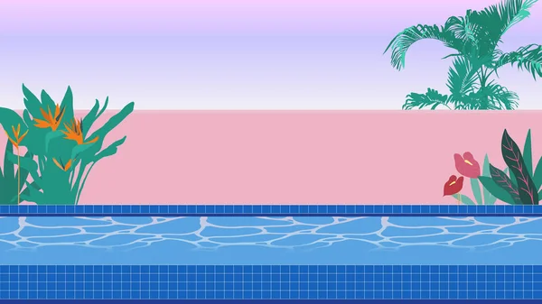Barışçıl havuz başı tropikal bitkiler el çizimi tarzı, pastel minimal modern nostaljik arka plan çizimi