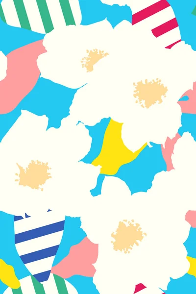Безшовний Візерунок Тропічних Квітів Пастельному Синьому Фоні Елементи Геометричних Форм — стоковий вектор