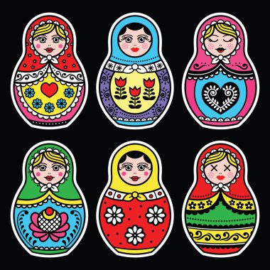 Matryoshka, Russian doll renkli simgeler siyah ayarla.