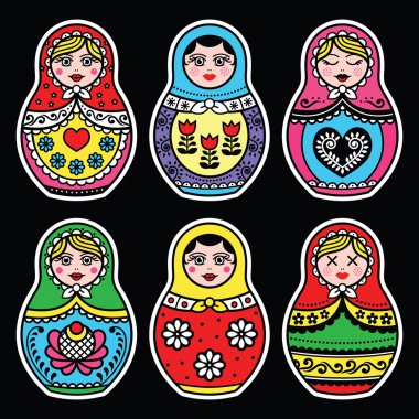Matryoshka, Russian doll colorful icons set on black clipart