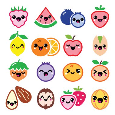 Kawaii meyve ve fındık sevimli karakter tasarımı