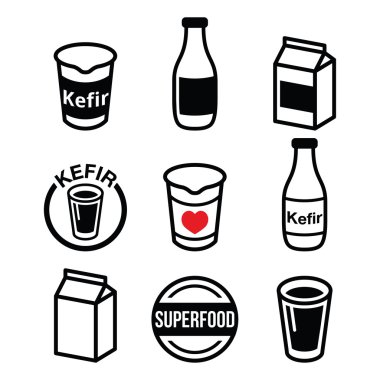Kefir veya kephir, fermente süt ürünü, superfood Icons set