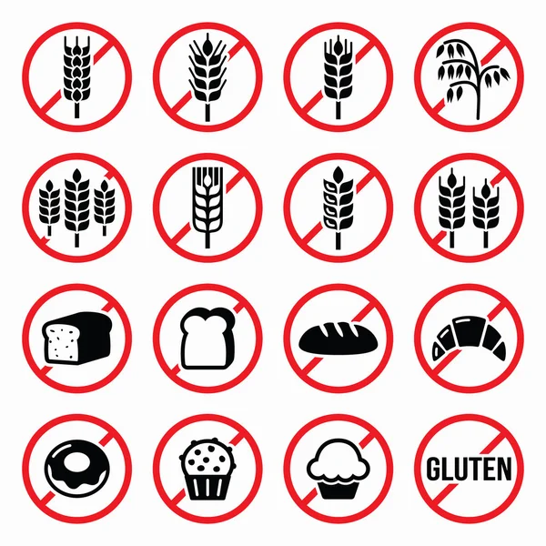 Glutenfreie Schilder, kein Weizen, kein Brot, keine Kuchenschilder — Stockvektor
