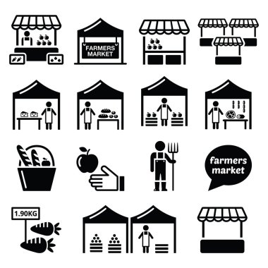 Farmers market, food market with fresh local produce icons set clipart